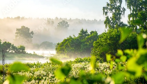 Misty summer morning landscape with river and green forest in sunlight
