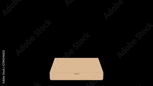 Animation of an empty pizza box opening and closing on alpha channel black background