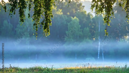 Ethereal morning mist gently blankets a serene forest lake, creating a tranquil and picturesque natural landscape scene
