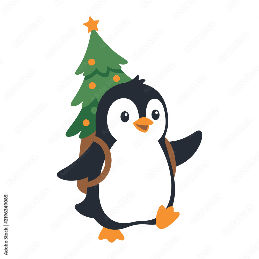 Fototapeta premium Cute penguin carrying Christmas tree vector cartoon design