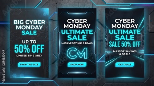 Cyber monday sale banners set with neon glowing text and futuristic technology background design luxury gold vintage frames and ornate borders set