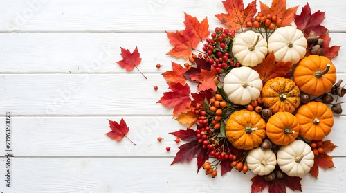 Autumn arrangement of pumpkins and colorful maple leaves on white wood