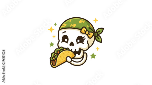Cartoon skull with green bandana eating a taco.