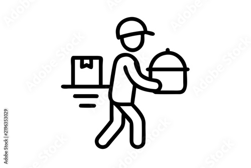 Delivery courier carrying a food package and a box in a minimalist line art style