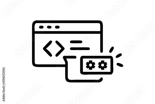 Web development interface icon with code brackets and settings gear symbols