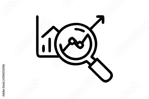 Magnifying glass examining a rising financial growth chart in a line art style