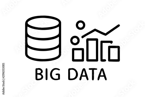 Big data analytics icon with database symbol and bar chart line art illustration