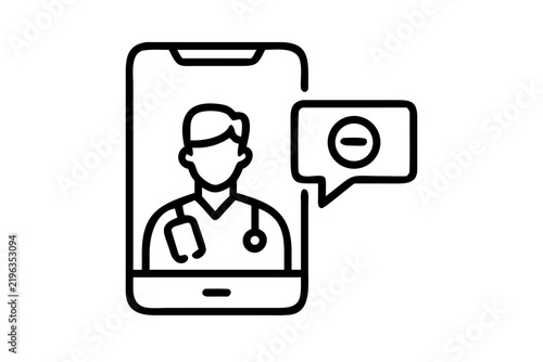 Doctor on smartphone screen with a negative sign speech bubble icon