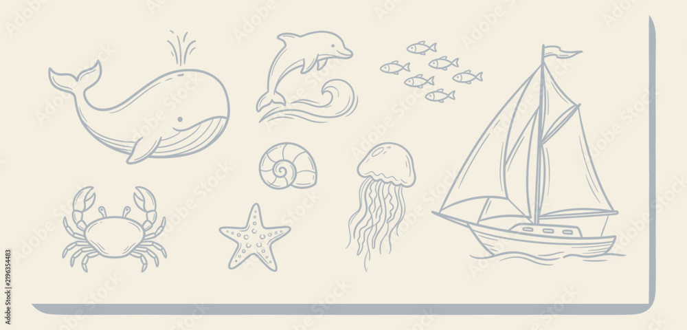 Obraz premium Hand drawn marine life and sea elements vector illustration in blue ink on a light background