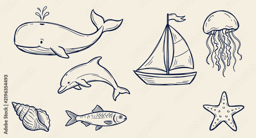 Fototapeta premium Hand drawn marine life and sea elements vector illustration in blue ink on a light background