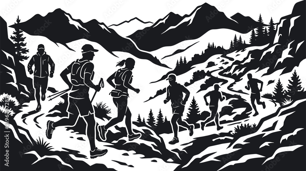 Fototapeta premium Trail runners silhouette athletes navigate rugged mountain landscape.