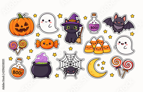 Quadro su tela Halloween themed vector illustration featuring pumpkins ghosts and a black cat w