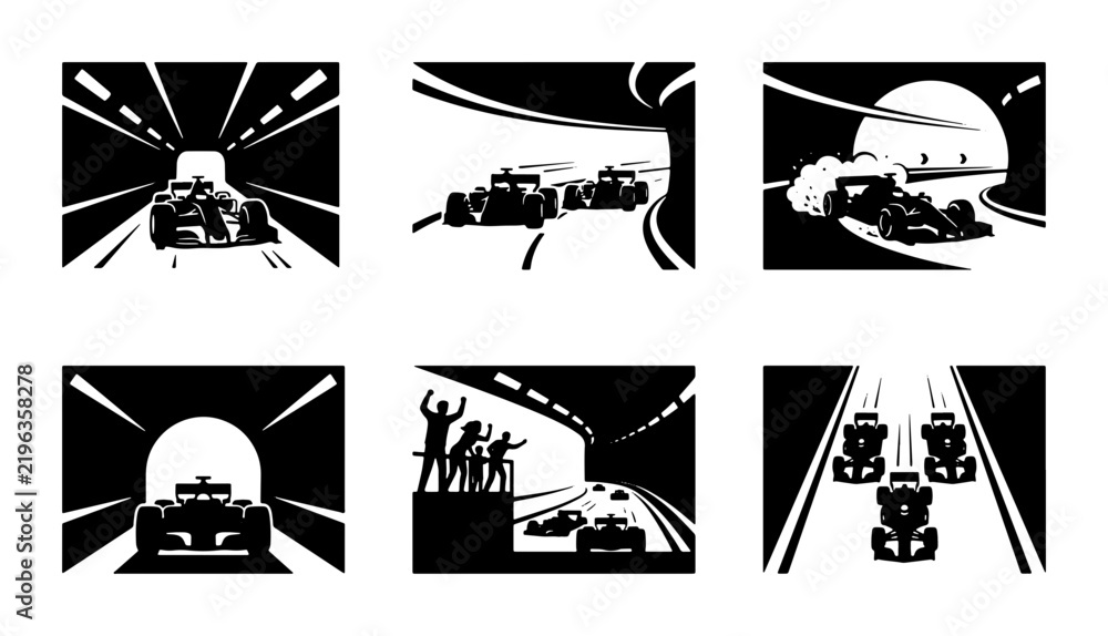 Obraz premium Black and white formula race cars driving through tunnels and on