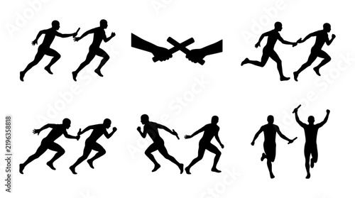 Black runner silhouettes passing baton, relay race icons, sports