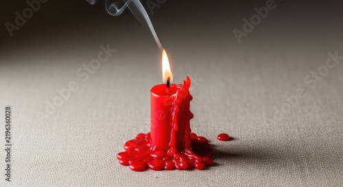 Burning red wax candle flickers dangerously atop a festive linen cloth, trailing dark smoke and melting puddles, highlighting fire risks, red, burning, textile