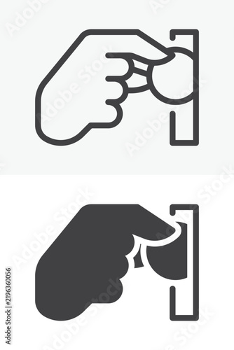 Hand inserting coin icon set with fingers placing dollar coin into slot. Line, outline and solid icon in different style, editable stroke vector sign and symbol.