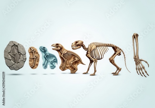 Detailed visual of biological progression showing fossil remains and skeletal structures transitioning through stages of adaptation, structural, extinction, bone