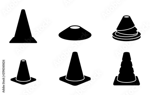 Black traffic cones and markers silhouettes, set for construction and