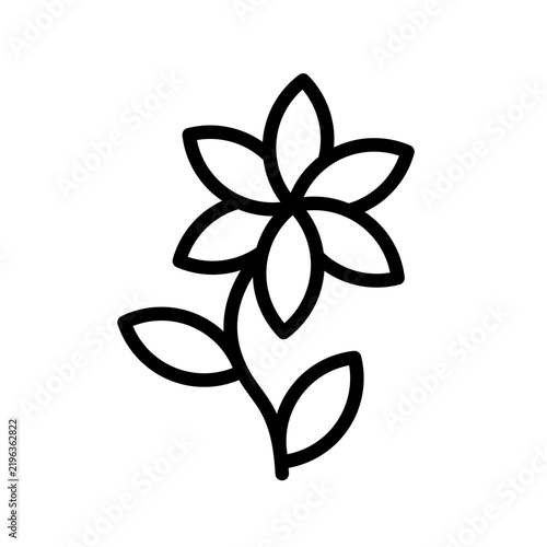Black outline icon of a five petal flower with curved stem and two leaves, isolated on white background. Simple botanical symbol for nature, gardening and floral design