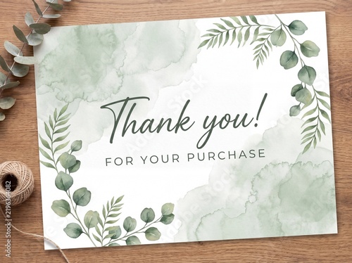 Thank You for Your Purchase Card Mockup with Watercolor Sage Green Eucalyptus Leaves on Wooden Tabletop
