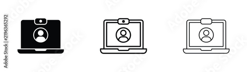 Video Call Laptop Icon Set Webcam Meeting Vector Illustration in Solid Outline and Thin Line Styles for Communication Design