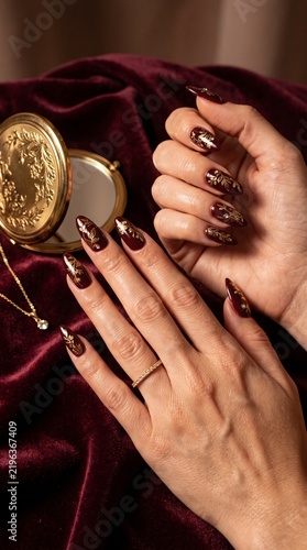  Burgundy Velvet Luxury Manicure with Gold Details
