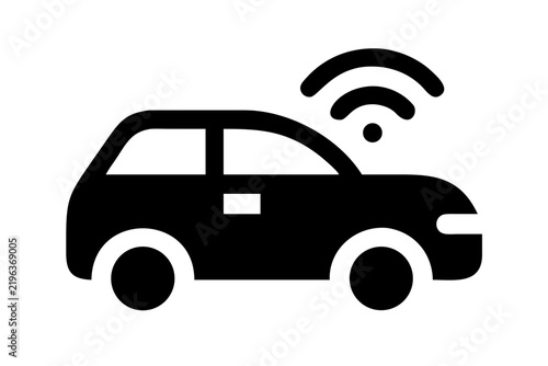 Autonomous vehicle icon with wireless signal connectivity in a flat black design