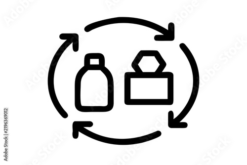 Circular economy icon featuring reusable product containers with recycling arrows