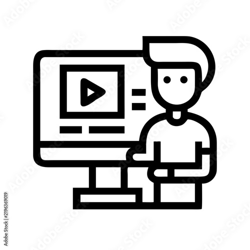 Content creator editing video on a computer screen in a minimalist line art style