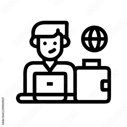 Digital nomad working on a laptop with a briefcase and globe icon in line style