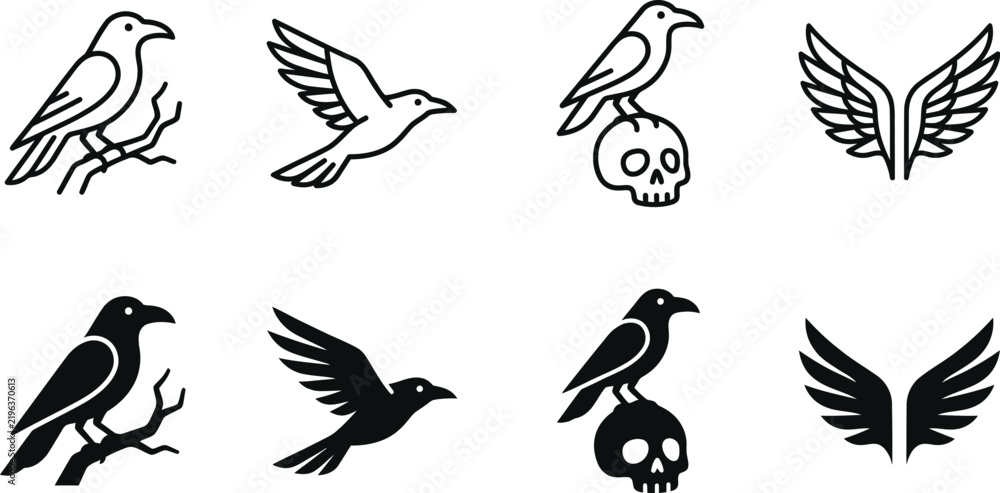 Obraz premium Raven and skull vector icons set featuring flying black crows perched bird and wings in line and silhouette style