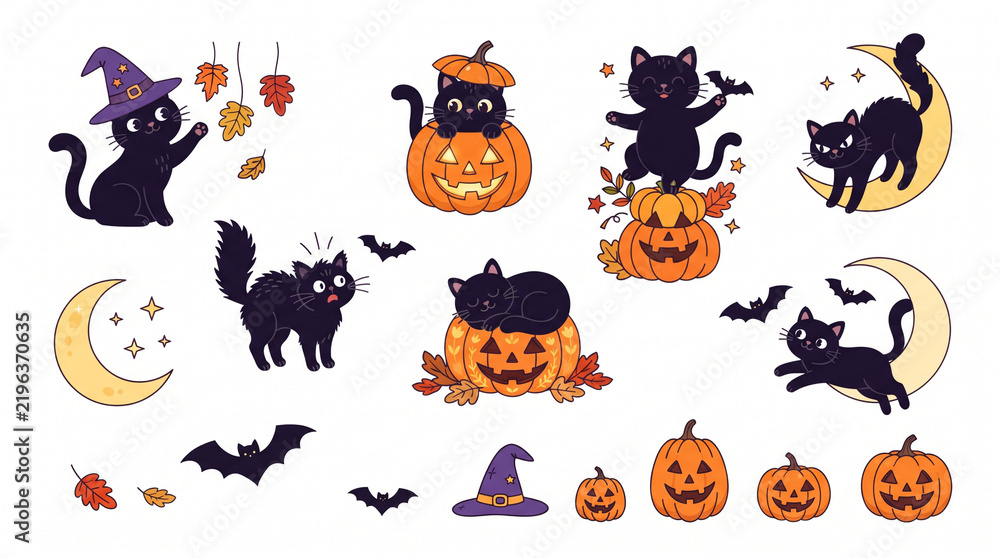 Fototapeta premium Set of cute black cats with pumpkins and bats for Halloween holiday celebration isolated on white background