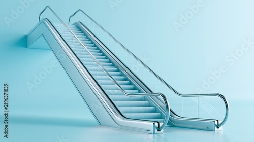 Escalator rising into empty space before abruptly ending, symbolizing uncertain progress, unstable ambitions and the fear of an unknown future