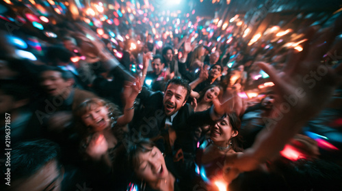 Joyful Crowd Dancing and Celebrating at Nightclub Party