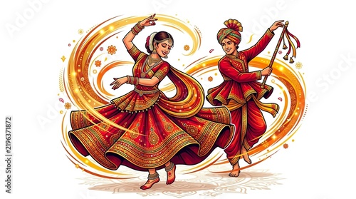 Colorful Navratri celebration with a traditional couple performing Dandiya Raas amid festive decorations, diyas, rangoli, and vibrant Indian cultural elements. Generative AI
