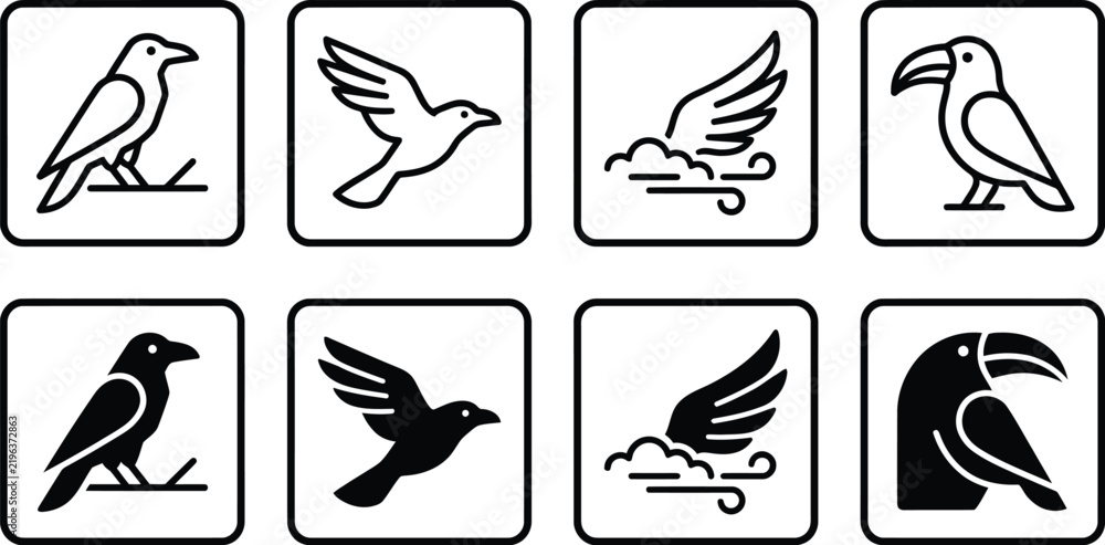 Fototapeta premium Vector icon set of birds including crows and toucans in outline and solid styles with wind and branch elements
