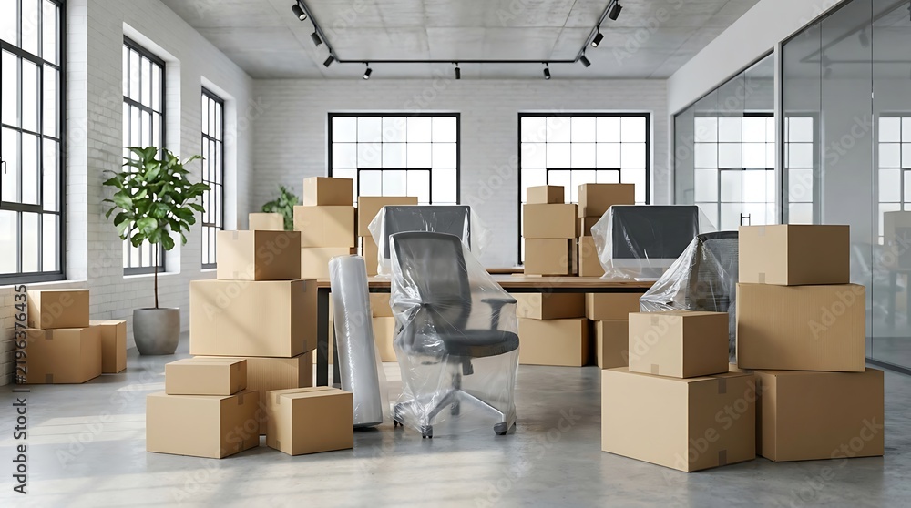 Fototapeta premium Office move in progress with numerous cardboard boxes and office furniture covered in protective plastic.