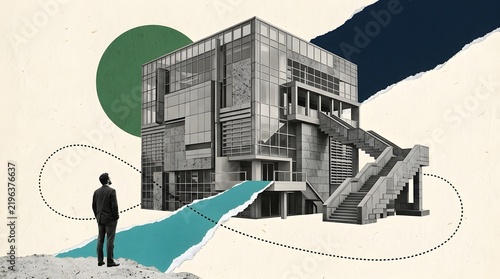 Man standing on cliff looking at modern architecture office building collage concept   