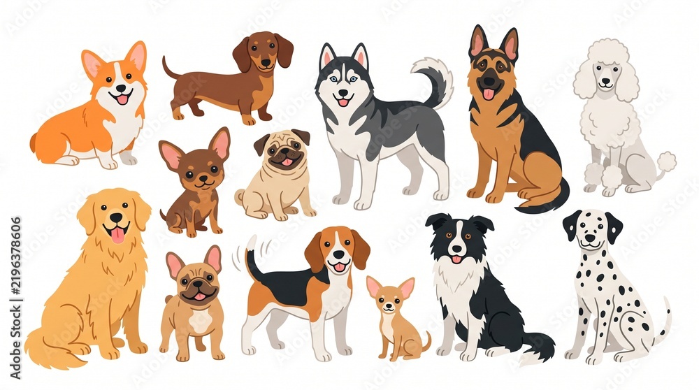 Fototapeta premium Collection of Diverse Dog Breeds Illustrated in a Flat Cartoon Style on a White Background