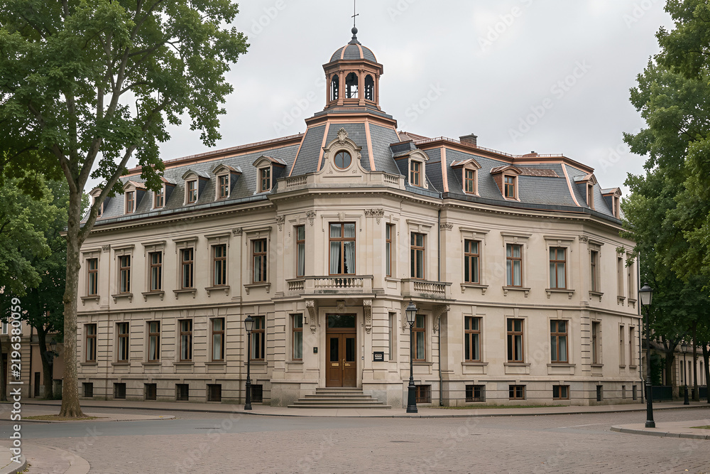 Obraz premium Stately Second Empire civic building with a central cupola in a tree-lined square