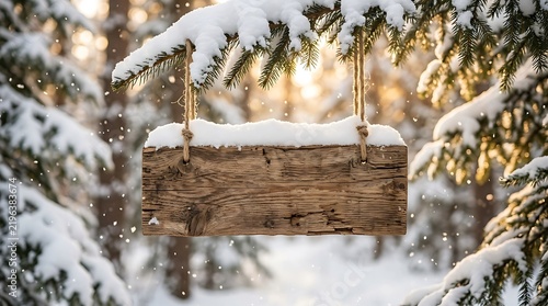 Snow Covered Wooden Sign Hanging Between Evergreen Trees