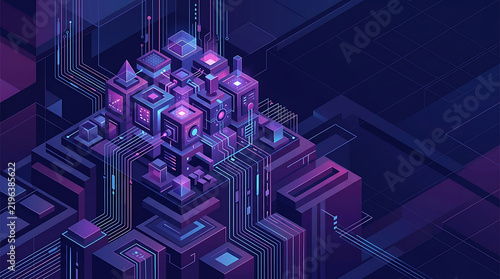 Obraz na płótnie Isometric Data Center Server with Glowing Cyber Circuit Blocks