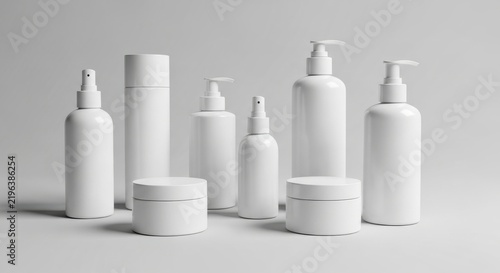 White cosmetic bottles arranged cleanly on a neutral light surface