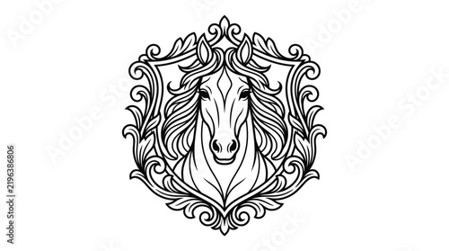 Ornate Horse Head Emblem with Intricate Floral Border Design.