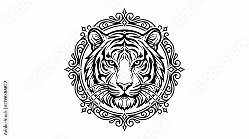 Intricate Black and White Tiger Head Ornament Design.