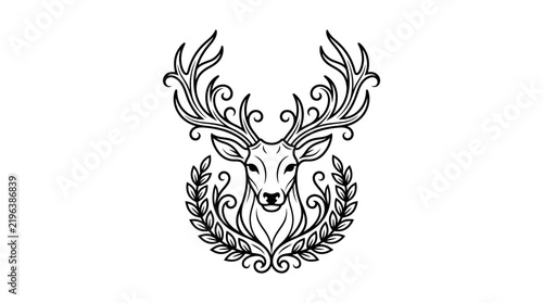 Elegant ornamental deer head with decorative antlers and laurel wreath.