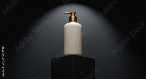 Beige cosmetic bottle with golden pump on a black podium stand
