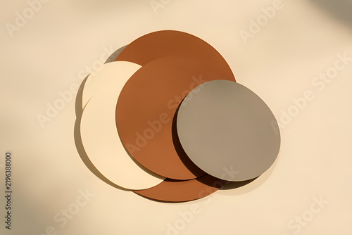 Three overlapping circular paper forms on a warm surface with sunlight shadows