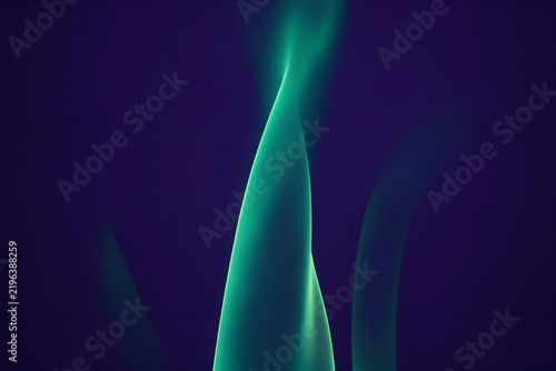 Three translucent satin ribbons curve upward in a deep blue-violet field