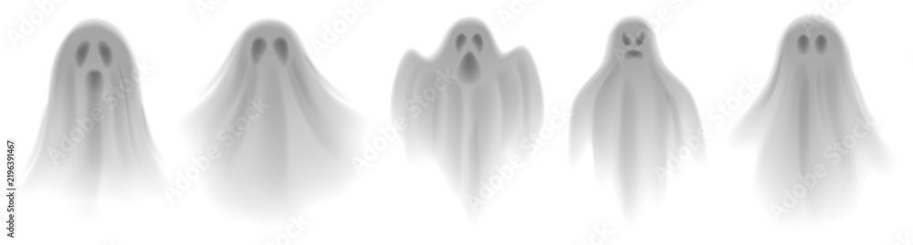 Obraz premium Set of realistic spooky ghosts. Collection of scary transparent ghosts for Halloween decoration. Vector illustration of 3d scary poltergeists or phantoms. Spooky spirits for holiday design.